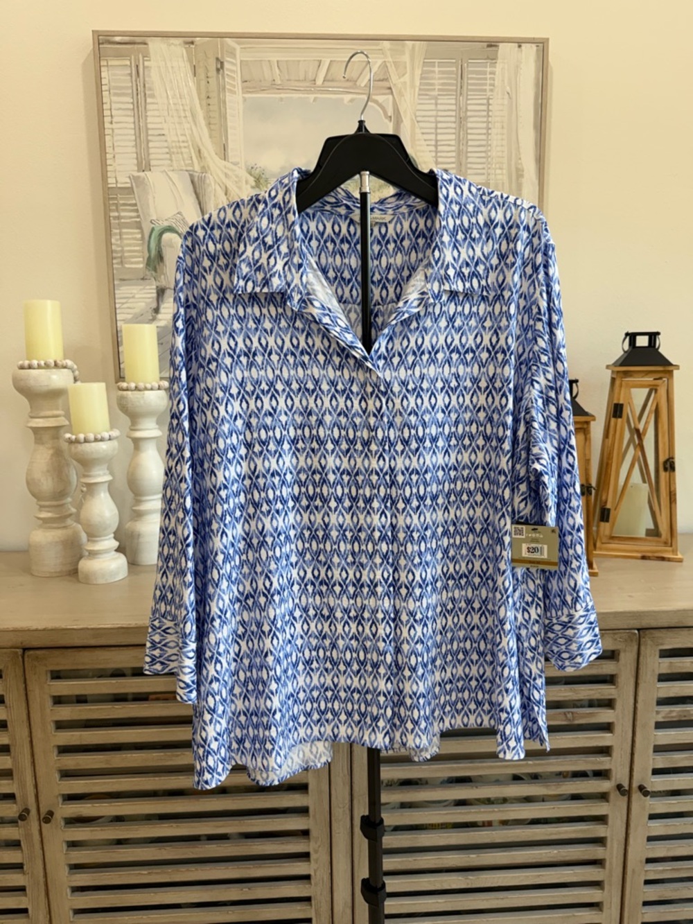 John Mark Blue Ikat-Print Women’s Button-Front Top